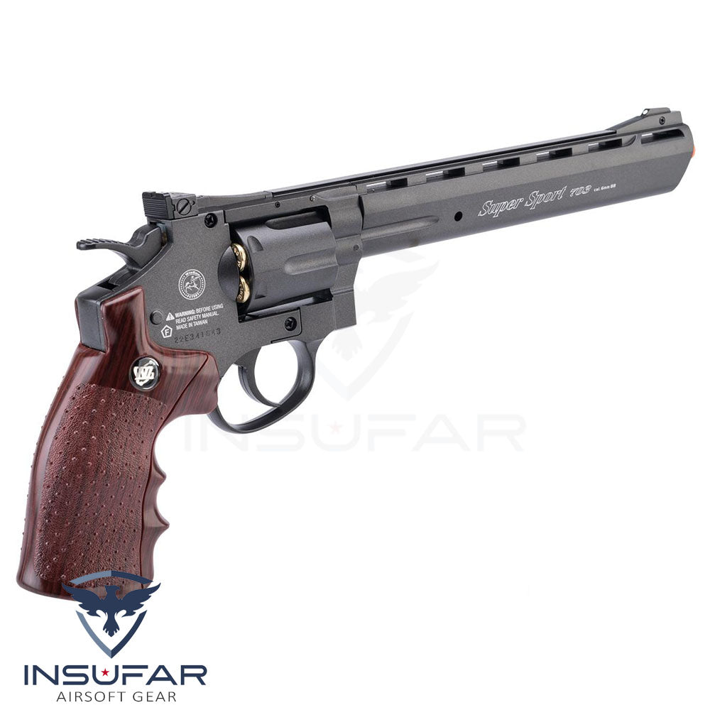 Revolver WinGun CO2 Full Metal Airsoft (Largo: 8", negra, grip café)