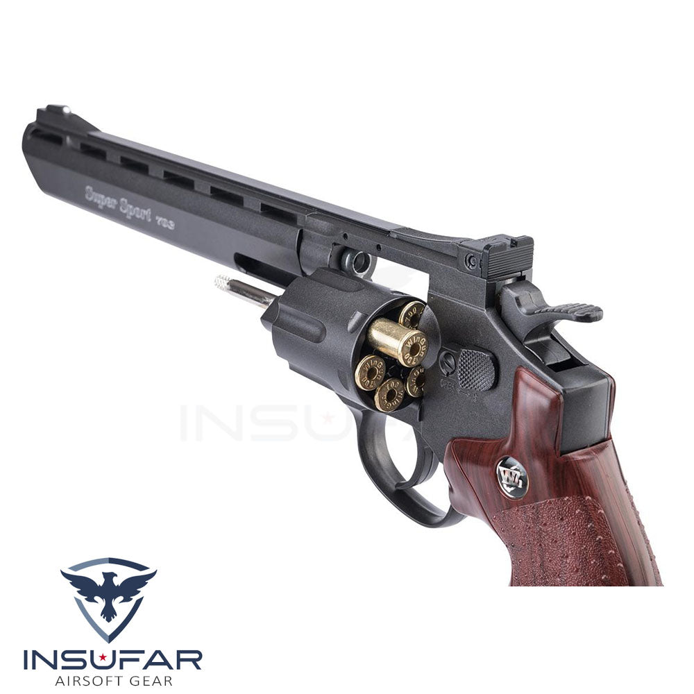 Revolver WinGun CO2 Full Metal Airsoft (Largo: 8", negra, grip café)