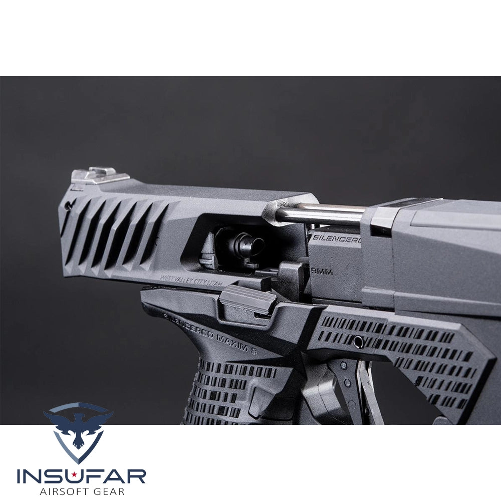 Replica pistola Krytac licenciada SilencerCo Maxim 9 GBB negra green gas