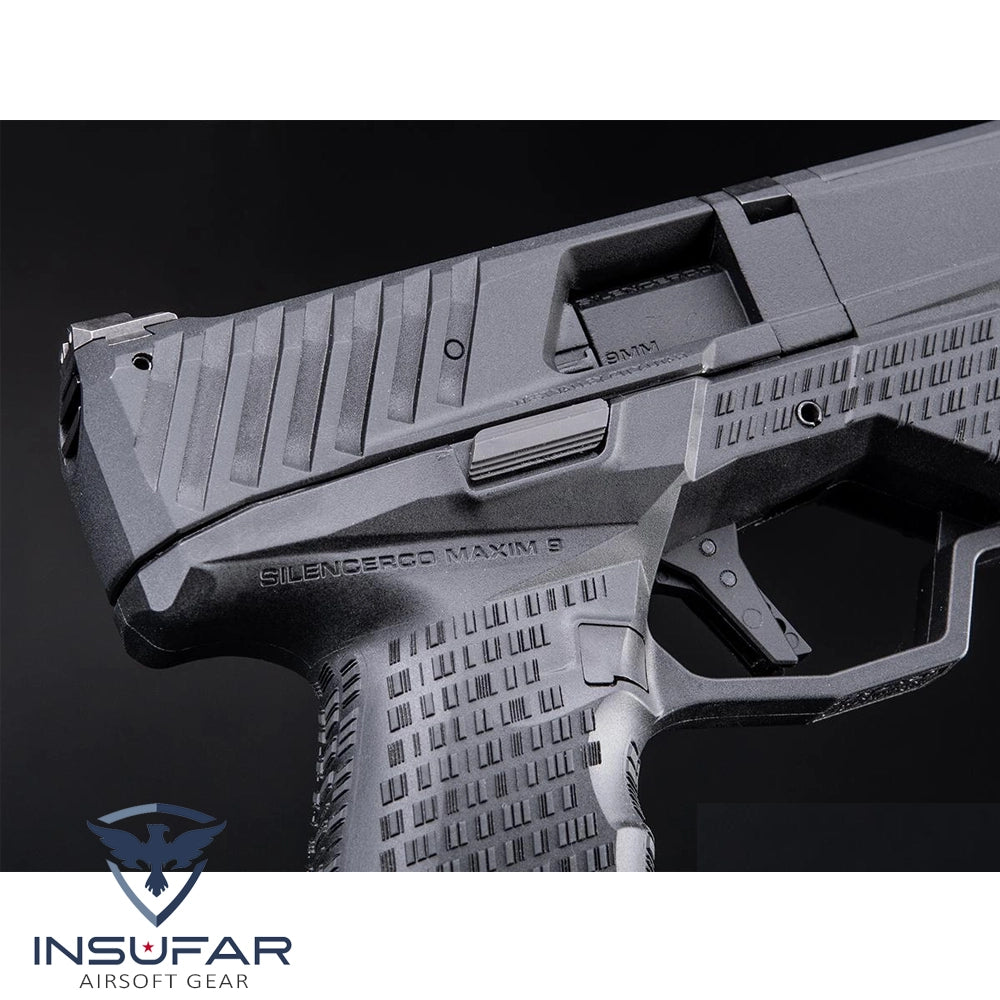 Replica pistola Krytac licenciada SilencerCo Maxim 9 GBB negra green gas