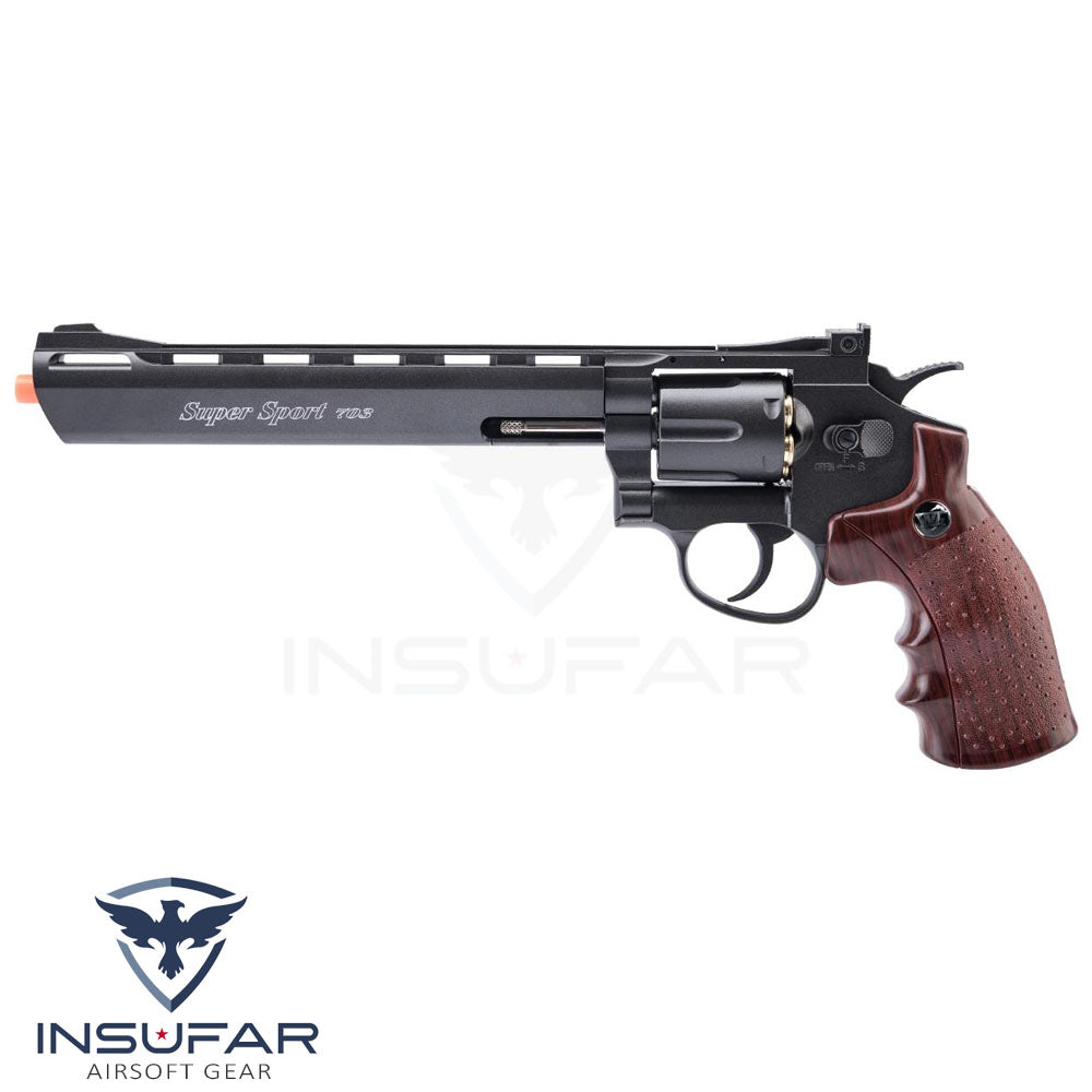 Revolver WinGun CO2 Full Metal Airsoft (Largo: 8", negra, grip café)