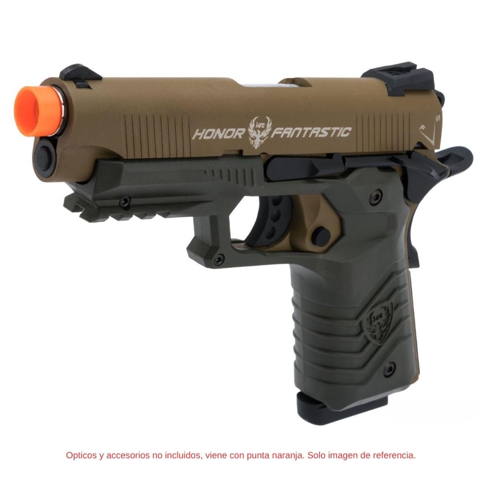 Pistola Airsoft HFC Tactical 45 1911 GBB Full Metal Green Gas – Tan