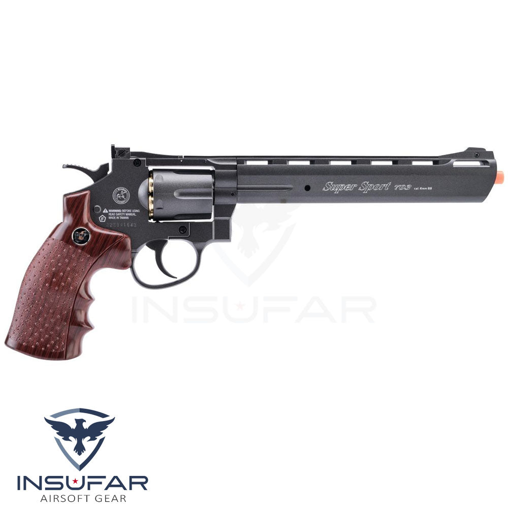 Revolver WinGun CO2 Full Metal Airsoft (Largo: 8", negra, grip café)