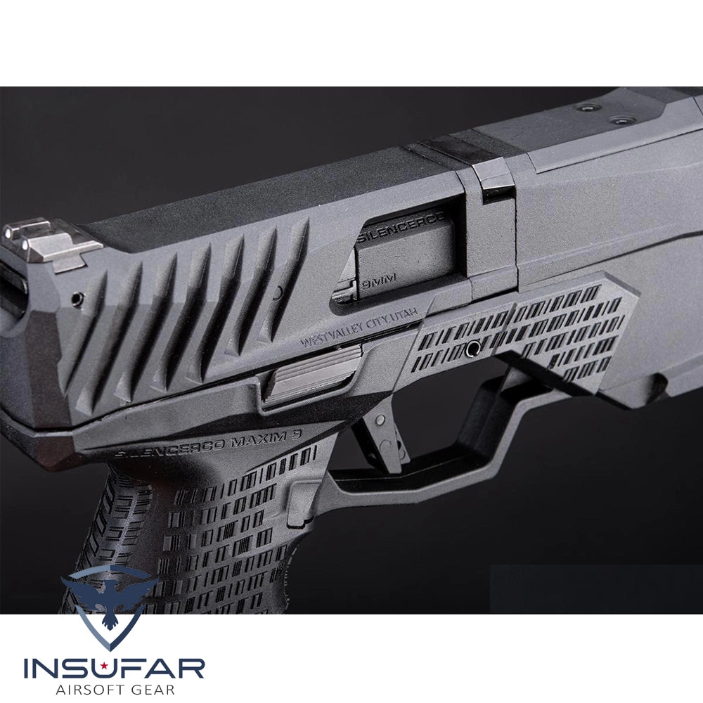 Replica pistola Krytac licenciada SilencerCo Maxim 9 GBB negra green gas